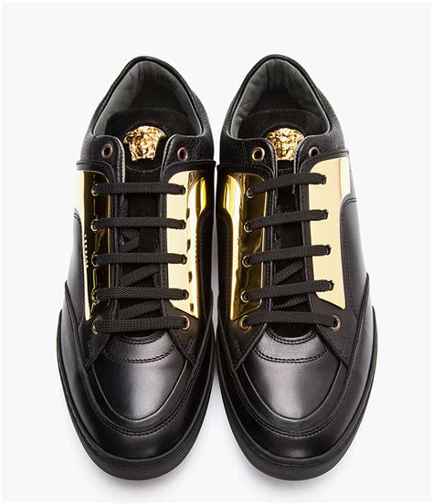 versace black leather and gold plated sneakers|Versace sneakers low top.